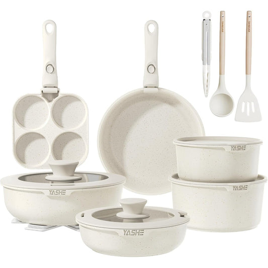 195061 - YASHE Set enësh gatimi 20 pjesë, me shtresë jo-ngjitëse, doreza të lëvizshme, i sigurt për induksion dhe furrë deri në 230°C, i sigurt për lavastovilje, i bardhë