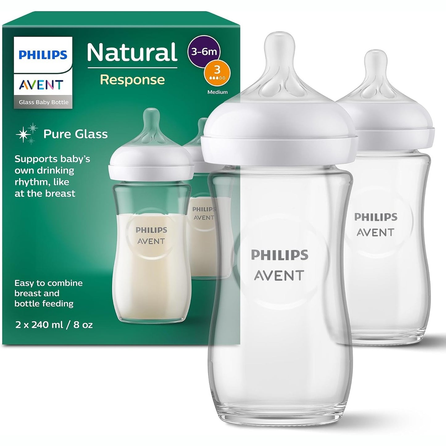 321721 - PHILIPS AVENT Shishe qelqi për foshnje Natural Response - 120 ml - Pa BPA - Për foshnje nga 0 muajsh (Modeli SCY930/01)