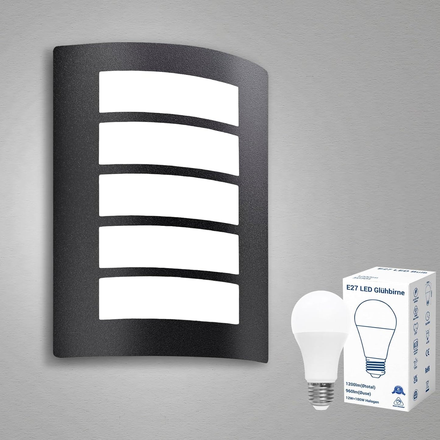 217983 - UNIKCST Set me 2 llamba muri për ambiente të jashtme E27 IP44, çelik inox mat, ABS, përfshirë 2 llamba LED 12W të bardha të ngrohta