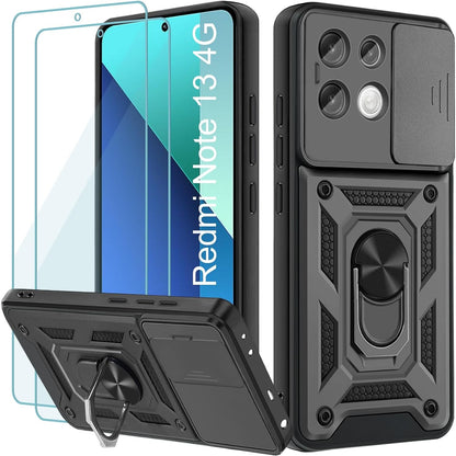 267053 - Yohii Mbrojtëse për Xiaomi Redmi Note 13 4G (Jo për 5G), me 2 mbrojtëse ekrani prej qelqi të temperuar, mbulesë rrëshqitëse për lente, mbështetje rrotulluese 360°, mbrojtëse PC në stil ushtarak, e zezë