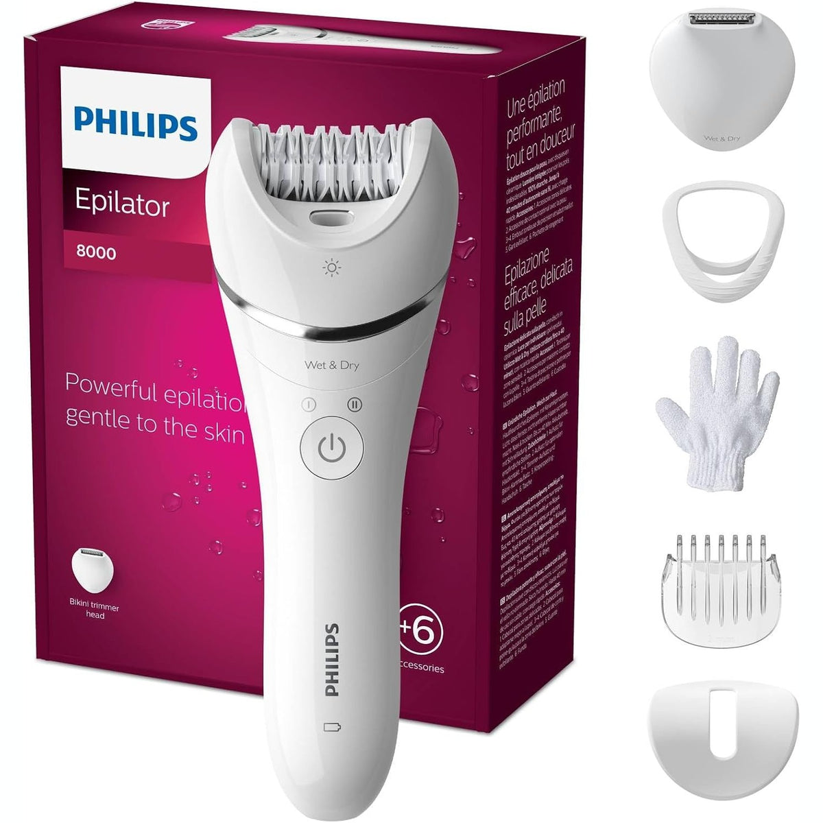 297941 - PHILIPS Seria 8000 depilator BRE715/00 për femra, 6 në 1, për trup, fytyrë, këmbë dhe bikini, përdorim i lagësht ose i thatë, kokë qeramike, e bardhë