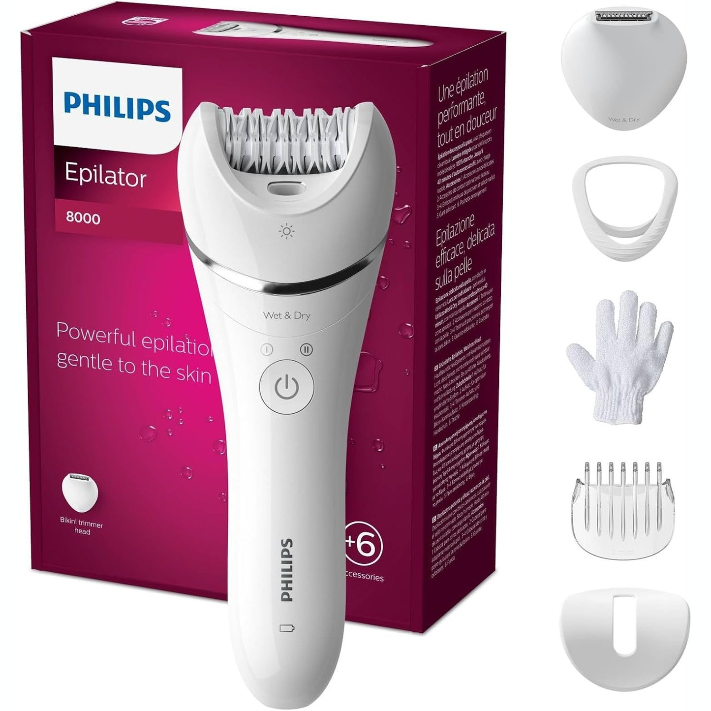 292259 - PHILIPS Series 8000, Depilator i thatë dhe i lagësht pa tel për këmbë dhe trup, me 6 aksesorë, makinë prerëse dhe aksesor për eksfoliimin e trupit, modeli BRE715/00