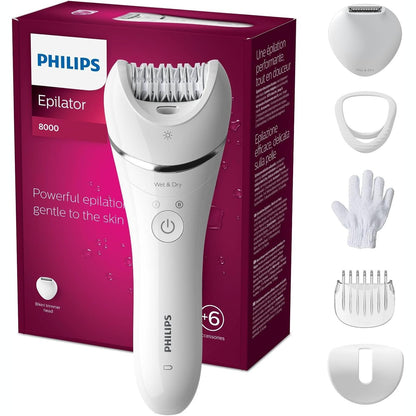 315357 - pilator Series 8000, epilator pa tel për epilim të lagësht dhe të thatë, me 6 aksesorë, modeli BRE715/00