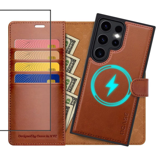 189377 - OCASE Mbrojtëse Lëkure për Samsung Galaxy S24 Ultra 6.8 inç, 2 në 1, rezistente ndaj Goditjeve, Mbulesë Magnetike e Shkëputshme, Karikim pa Tel, Vend për Kartë, RFID, Ngjyrë Kafe