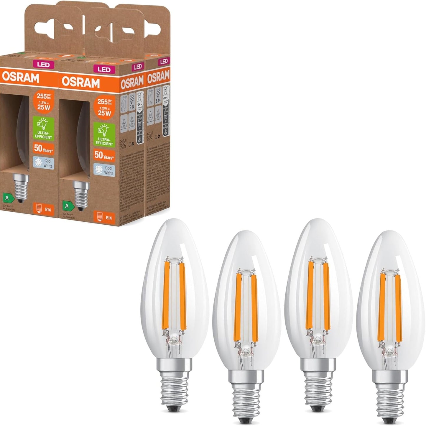 187264 - OSRAM Mini Qiriri LED Dekorativ, Dizajn i Satenit, Klasa A Efikasitëti të Energjisë, E14, 1.2W, 255lm, 2700K, Ngjyra e Bardhë e Ngrohtë, Pako 4 Copë