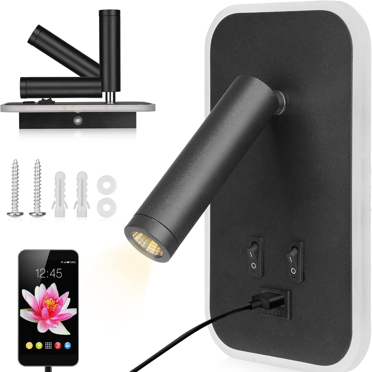 222562 - URBANHOMES Llambë Leximi LED 3W+9W, Dritë Muri për Lexim të Brendshëm, Port Karikimi USB, e Zezë