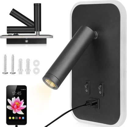 222562 - URBANHOMES Llambë Leximi LED 3W+9W, Dritë Muri për Lexim të Brendshëm, Port Karikimi USB, e Zezë