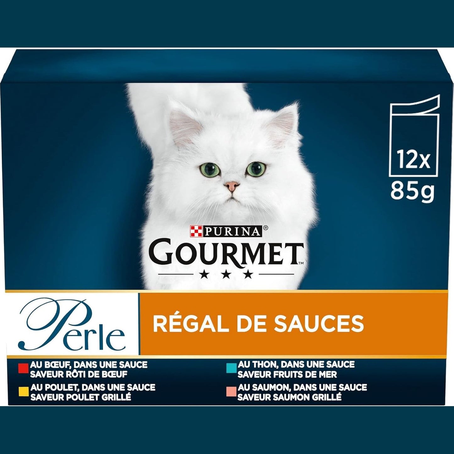 257985 - GOURMET PERLE, USHQIM I LAGËT PËR MACET, FILETO NË SALCË ME MISH VIÇI, PULË, TON, SALMON, 12 X 85 G