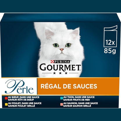 257985 - GOURMET PERLE, USHQIM I LAGËT PËR MACET, FILETO NË SALCË ME MISH VIÇI, PULË, TON, SALMON, 12 X 85 G