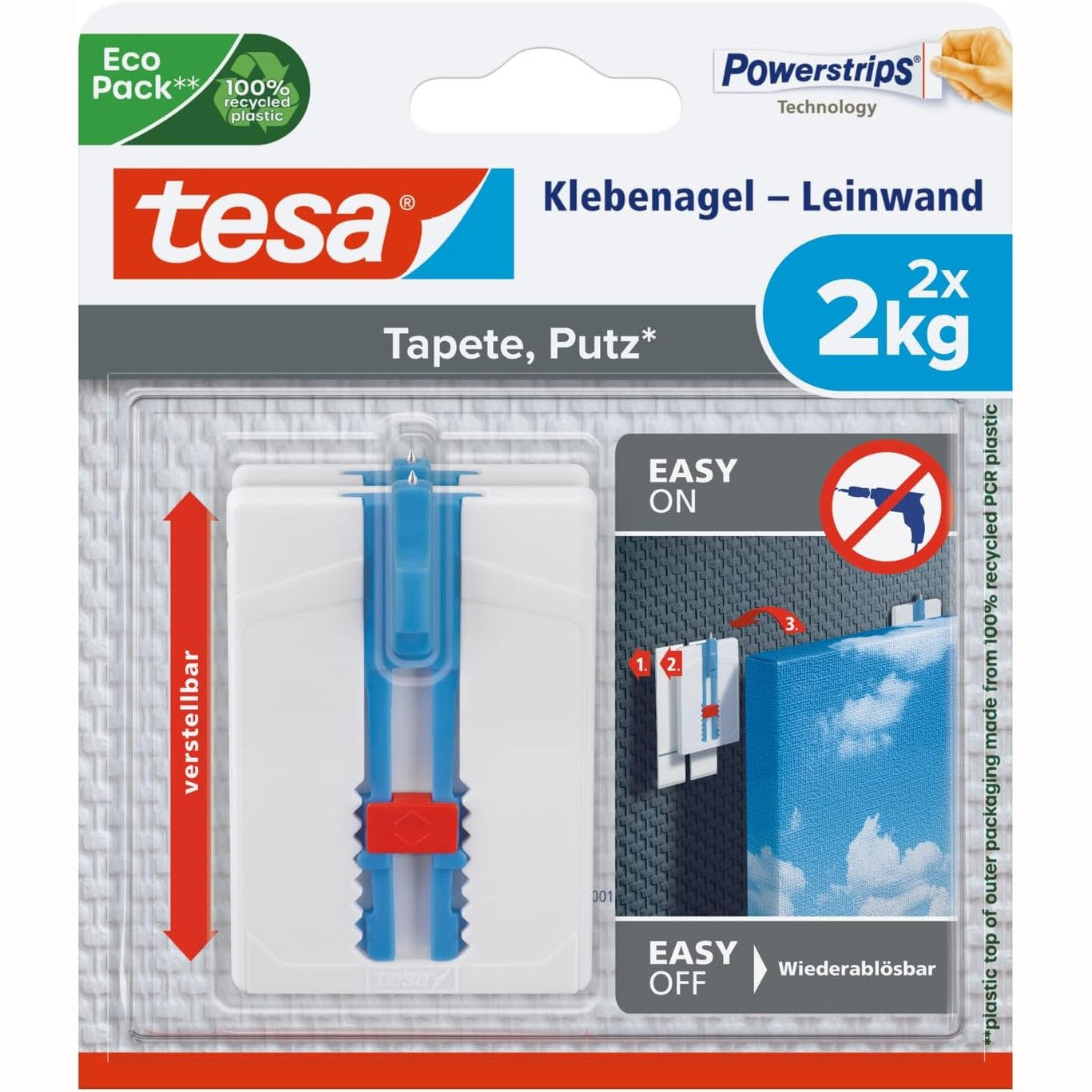 289360 - TESA Gozhdë ngjitëse për letër-muri dhe allçi - e rregullueshme në lartësi - Gozhdë vetëngjitëse - ideale për kanavacë dhe korniza shtrirëse - fuqi mbajtëse 2 kg/gozhdë - e lëvizshme pa lënë gjurmë