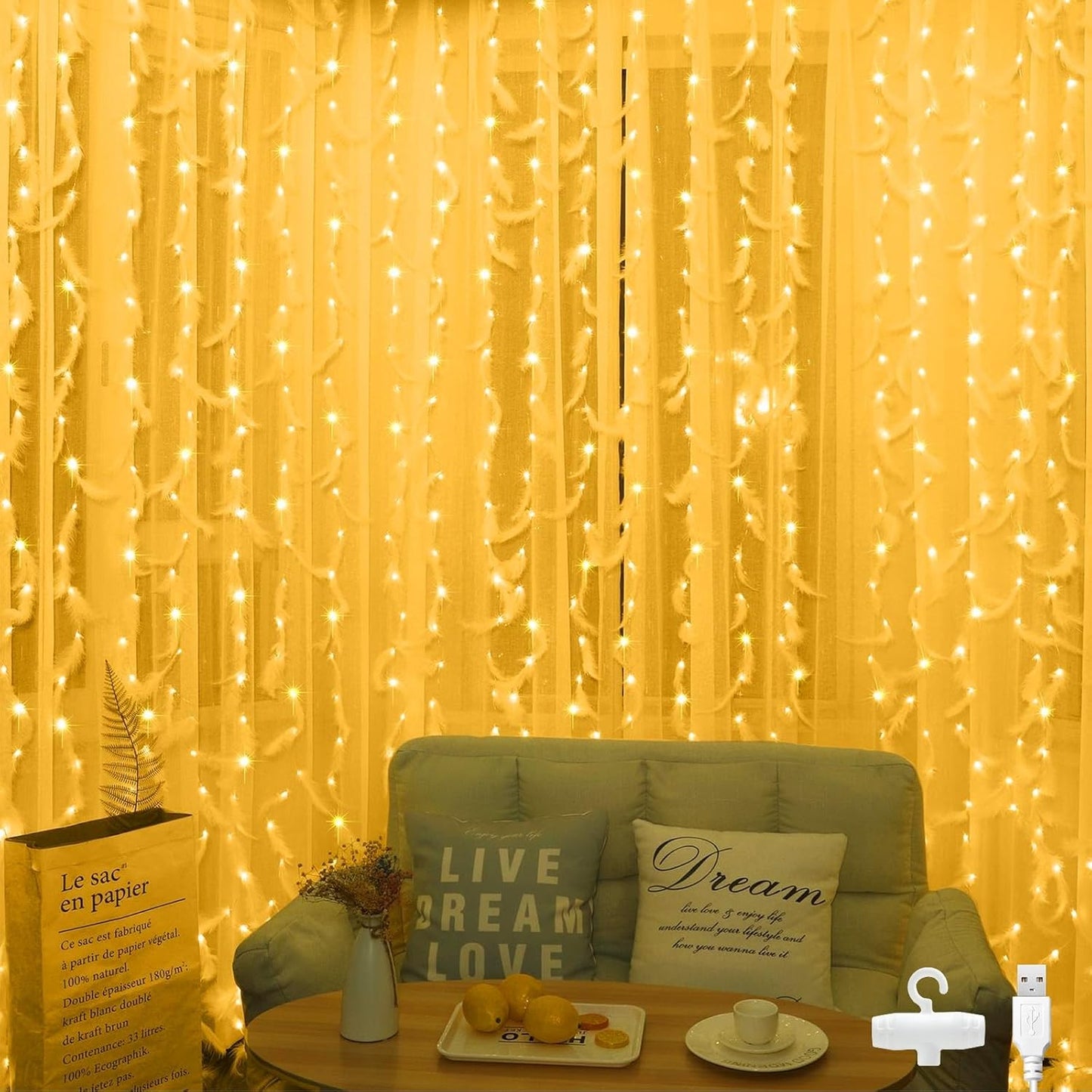 206885 - BIGZOM Perde me Dritë 2x1m, për Brendësinë, me 100 Drita LED dhe Tel, USB, me 10 Grepa, IP65, për Dekorim Dhome Gjumi dhe Festa, E Bardhë e Ngrohtë