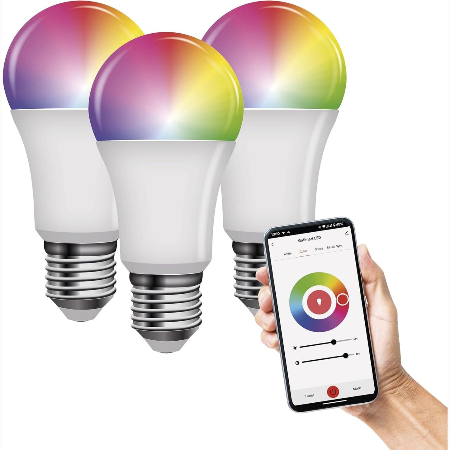 241466 - EMOS GoSmart Llambë LED RGB A60, Pako me 3, E27, 9W, 806lm, 20,000 Orë, WiFi, Google Home dhe Alexa