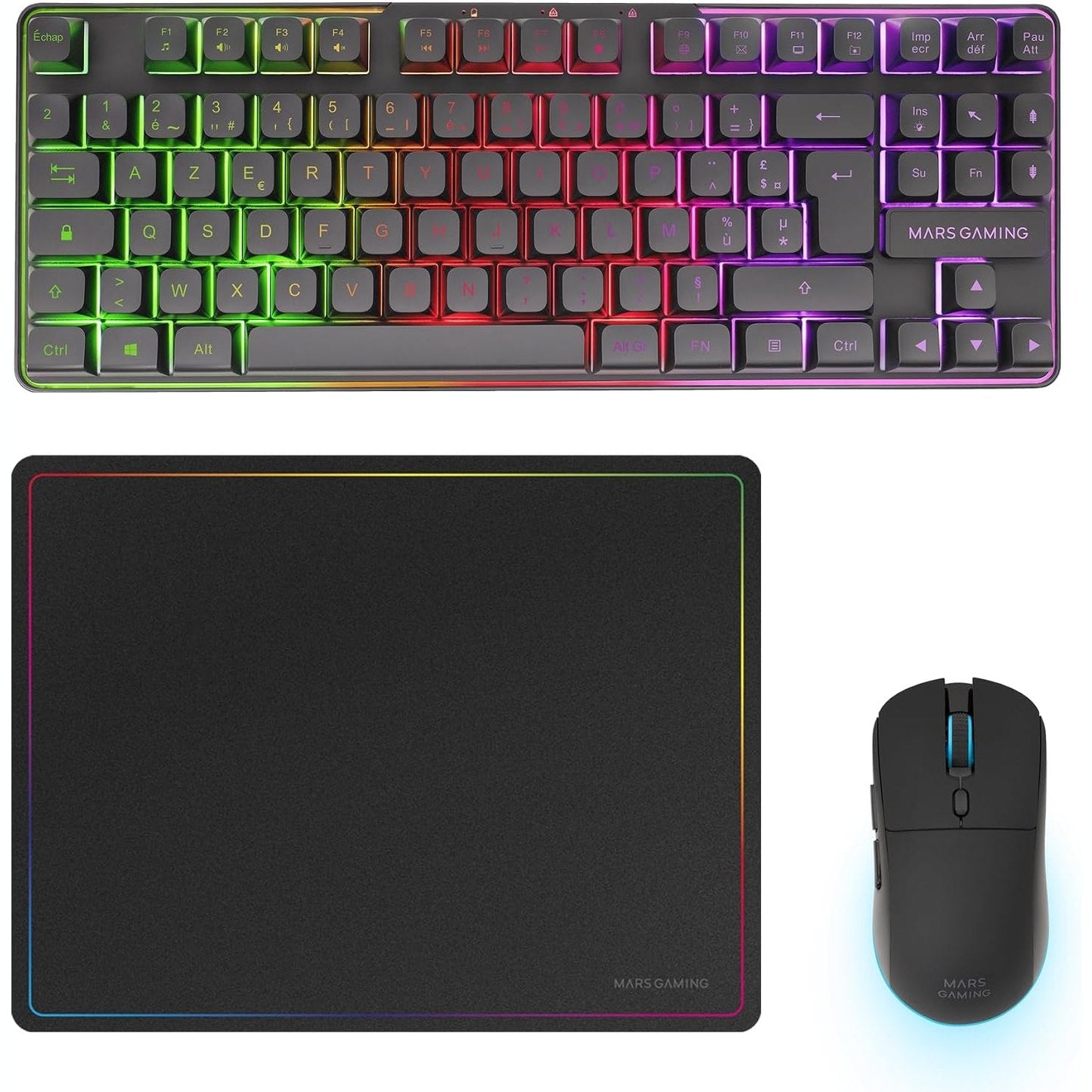 276639 - MARS GAMING MCPWTKL - Tastierë FRGB Rainbow TKL pa tel, Teknologji DualPro Link 2.4GPRO, Maus 3200DPI RGB me çelësa HUANO, Mauspad anti-rrëshqitës 360x260 mm, i zi