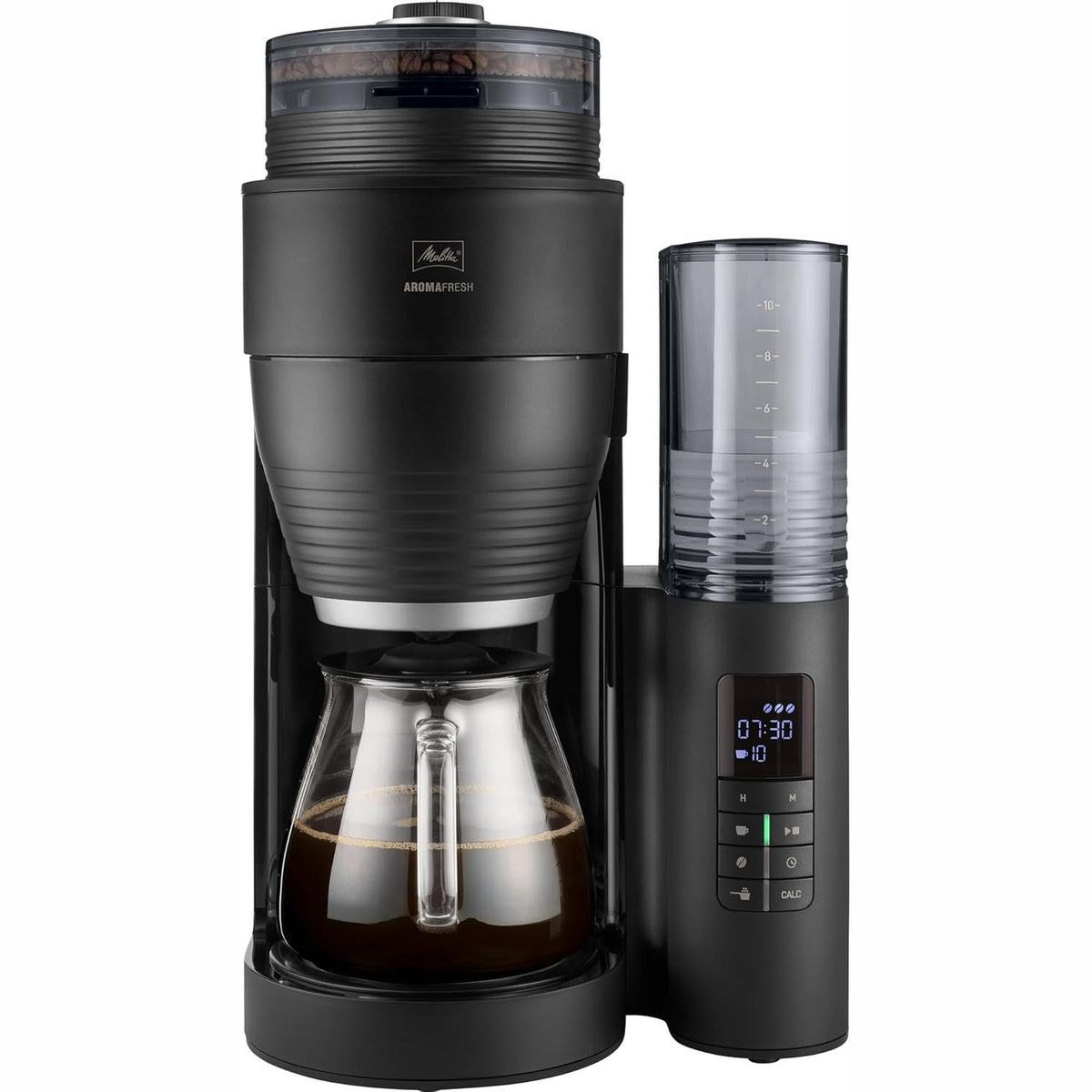 320780 - MELITTA Makinë kafeje AromaFresh X me mulli, filtër me karafe qelqi, për deri në 10 filxhanë kafe, e zezë/argjendtë