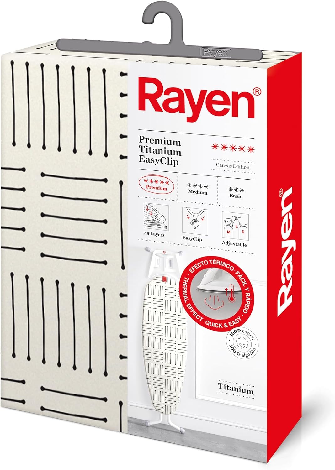 228133 - RAYEN Mbulesë për Tavolinë Hekurosjeje, 4 Shtresa: Shkumë, Lesh, Pëlhurë me Cilësi Kanavace dhe Veshje Titaniumi, 130x47 cm, E Bardhë/Me Vija