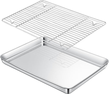 168113 - COZARY Tepsi Pjekjeje prej Çeliku Inox me Raft Ftohës, Drejtkëndëshe Jo-Ngjitëse 31.5x24.5x2.5cm, Jo-Toksike, E Qëndrueshme, E Lehtë për t'u Pastruar, E Sigurt për Lavastovilje