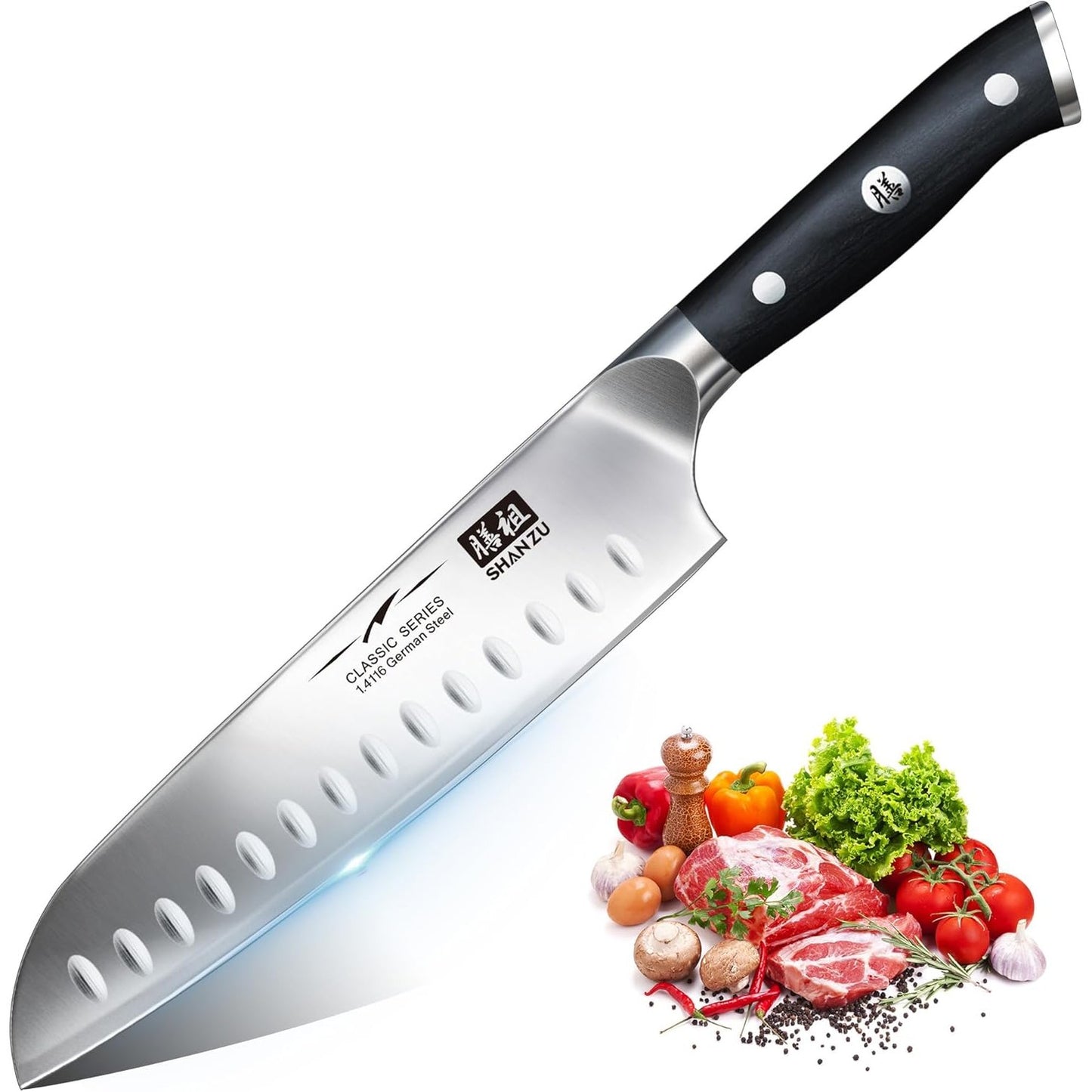 196276 - SHAN ZU Thikë Kuzhine Japoneze Santoku 18 cm, me 3 Shtresa, prej Çeliku Inoks Gjerman, Thikë Shumëfunksionale e Mprehtë me Dorezë Pakkawood