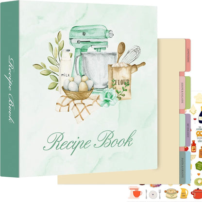 268900 - LANPN Dosje Recetash me Kapak të Fortë me 3 Unaza, Fletore Recetash që Mbushet, Dosje e Madhe Fleksibile me 8 Ndarës dhe 2 Ngjitëse Recetash, Jeshile 30 x 31 cm, Anglisht
