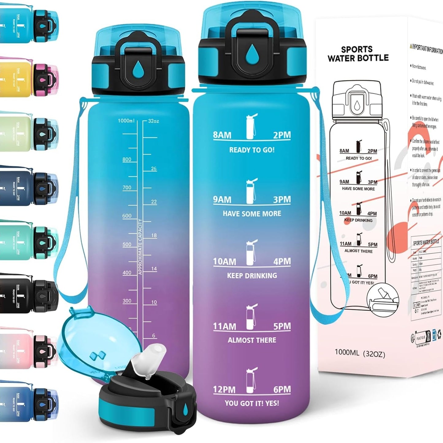 247956 - MOTSWEDI Shishe uji 1L, e papërshkueshme nga rrjedhjet, shishe kashte, me shënues kohe, dorezë mbajtëse, për ecje në natyrë, sporte, joga, blu vjollcë