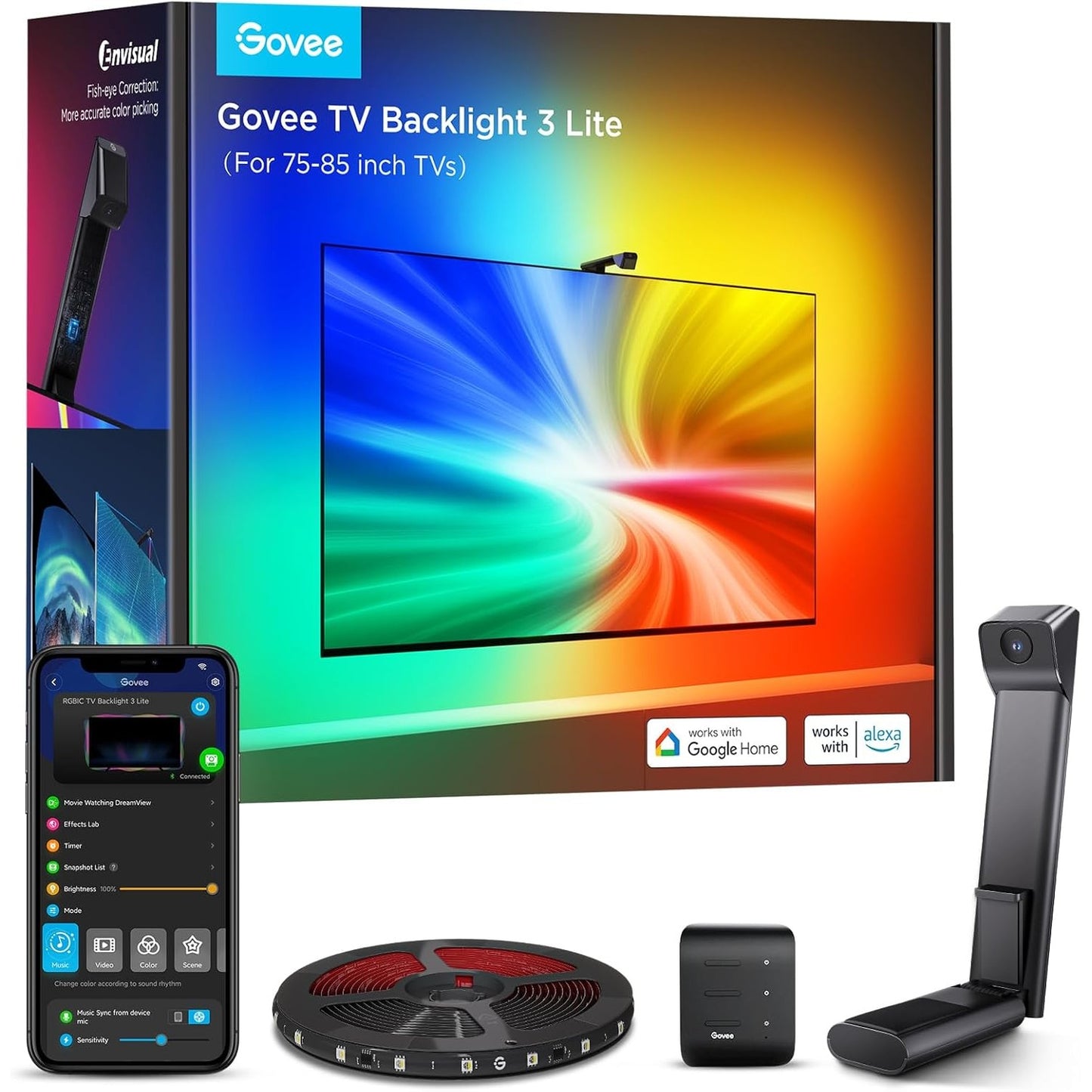 255165 - Ndriçim prapa GOVEETV 3 Lite me korrigjim të syrit të peshkut, sinkronizim për televizorë 40-50 inç, shirit LED 2.4M Ambilight RGBICW WiFi me kamerë, llambë 4-në-1, kontroll me zë dhe aplikacione