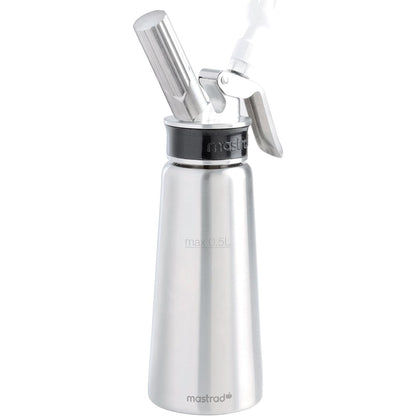 255072 - MASTRAD Sifon Profesional prej Çeliku Inoks 0.5L, çelik inoks ultra rezistent, për salca, krema, krem të rrahur dhe mus të nxehtë ose të ftohtë, kokë e lëvizshme, në përputhje me AFNOR