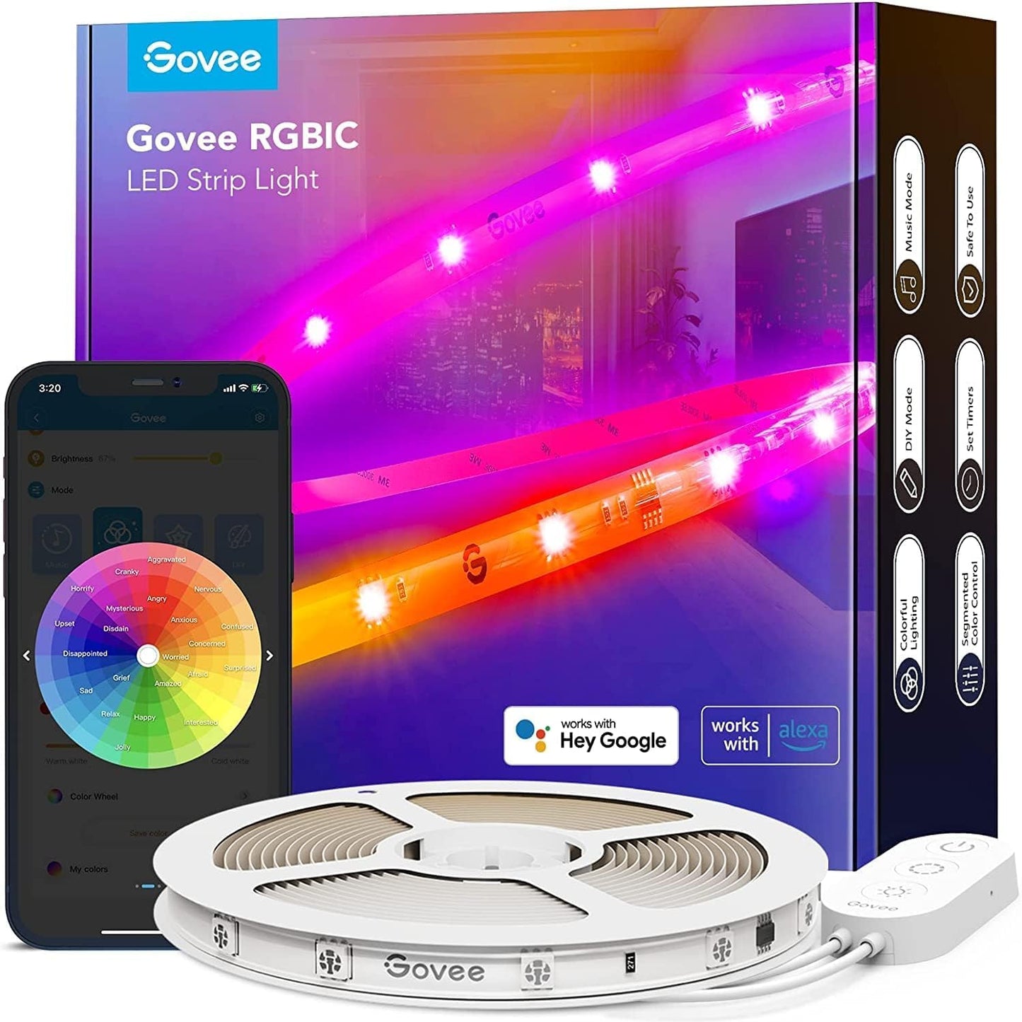 184512 - GOVEE Shiriti LED RGBIC Pro 5m, Intelligent, i sinkronizuar me muzikë, Kompatibil me Alexa dhe Google Assistant, Kontroll me aplikacion, Përshtatje të Ngjyrës, për Shtëpi