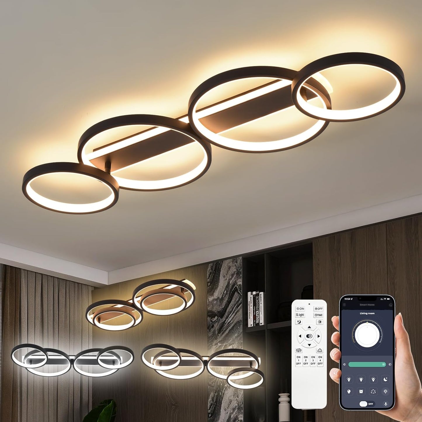 255116 - DRITË TAVANI LED, LLAMBË TAVANI ME ERRËSIM ME TELEKOMANDË DHE APLIKACION, NDRIÇIM TAVANI 48W 3000-6500K, E ZEZË, 86 CM