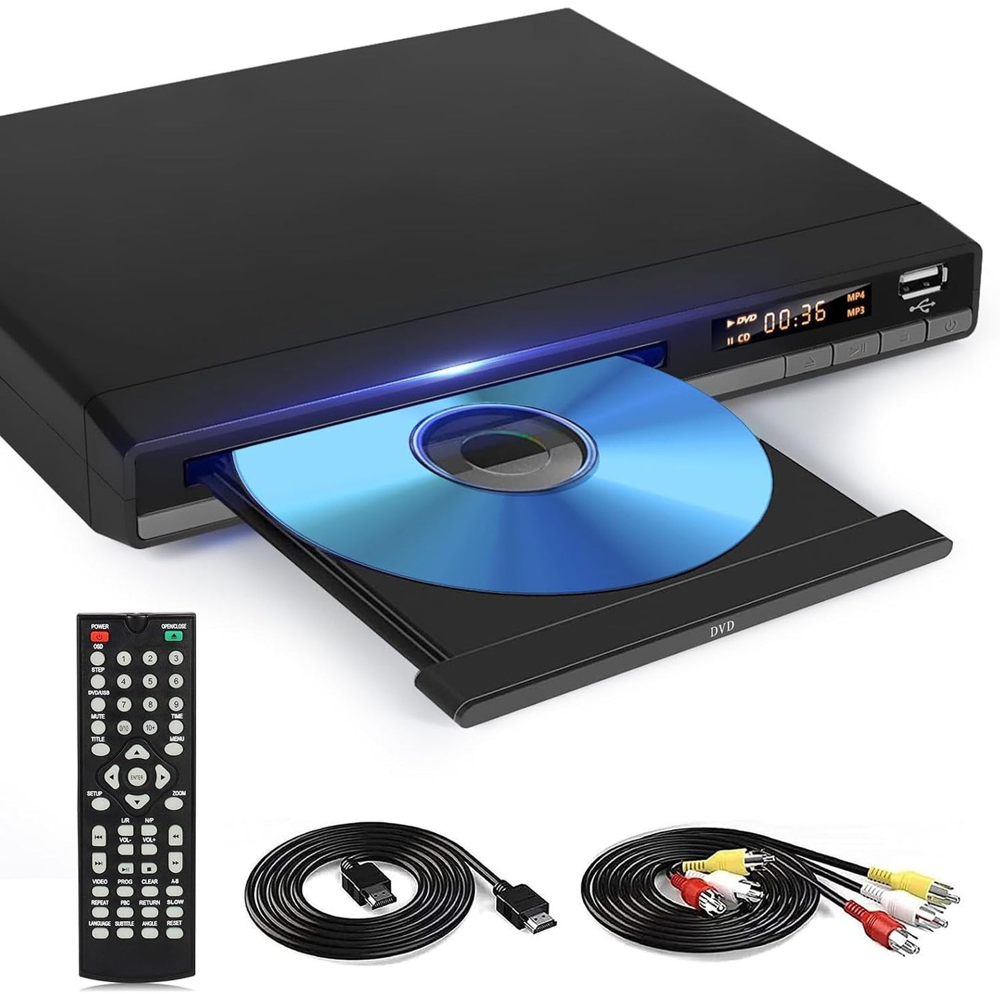 266459 - DVD Player HD me Portë HDMI, Pa Rajon për Smart TV, Kabllo Daljeje HDMI/RCA e Përfshirë, Memorie Pauze, PAL/NTSC i Integruar, Lexues CD-sh për Shtëpi