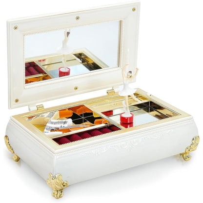 206464 - WSAMJIN - Kuti Muzikore Balerinë, Vintage, për Unaza, Byzylykë, Vathë, me Melodi dhe Pasqyrë, Ngjyra E Bardhë Perle