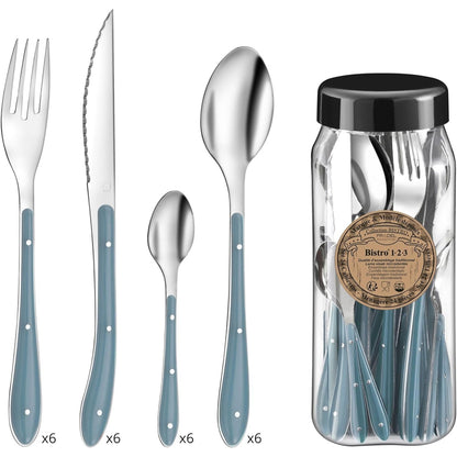 184689 - PRADEL ESSENTIEL - Seti i Takëmesh për 6 Persona me 24 Pjesë - Bistro 1-2-3 - Materiali së Çelikut Inox 18/0, me Përfundim Standart - Ngjyra Blu Xhinsi