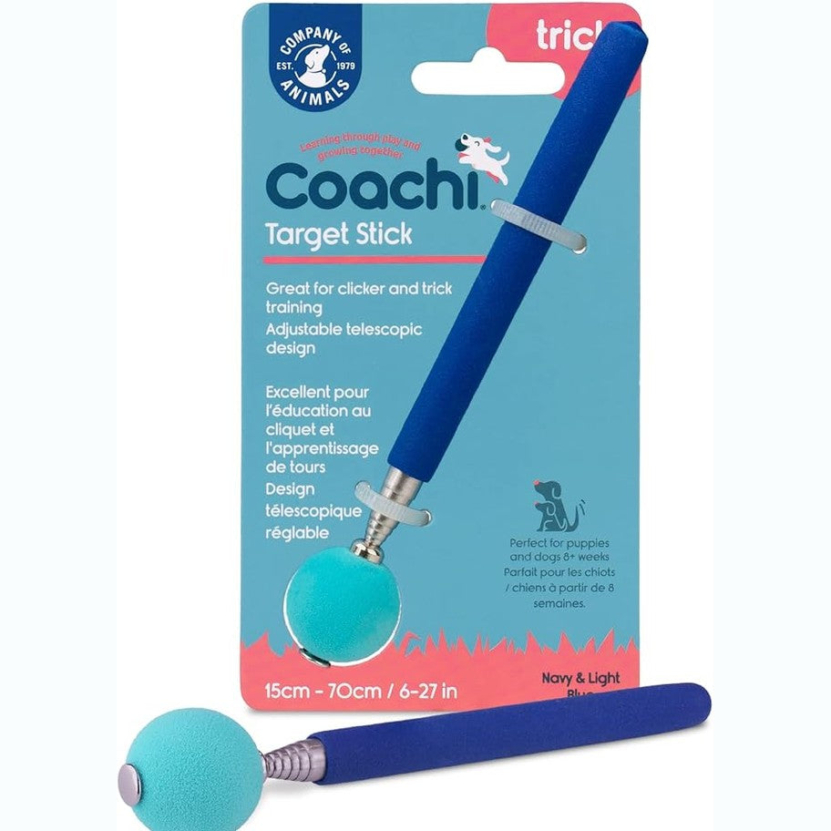 141462 - Shkop trajnimi për qen Coachi Target Stick me dizajn teleskopik dhe top të madh në majë. Aksesor për clicker dhe agility, ndihmon në mësimin e komandave dhe trukeve. Ngjyrë blu e errët/çelët.