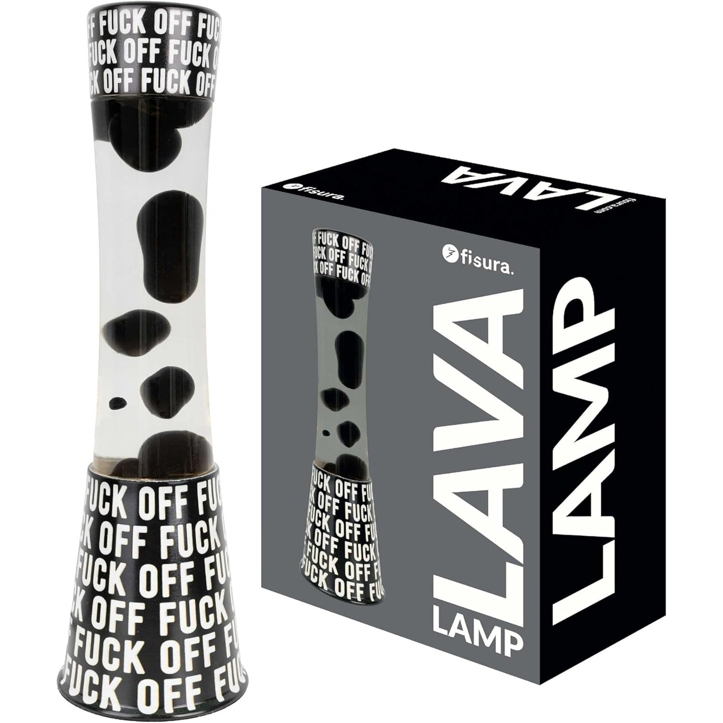 260614 - Fisura Llambë lave "f*ck off", Bazë e zezë me mbishkrime, lëng transparent dhe lavë e zezë, Efekt relaksues, Përfshin llambë rezervë, 11 cm x 11 cm x 39.5 cm