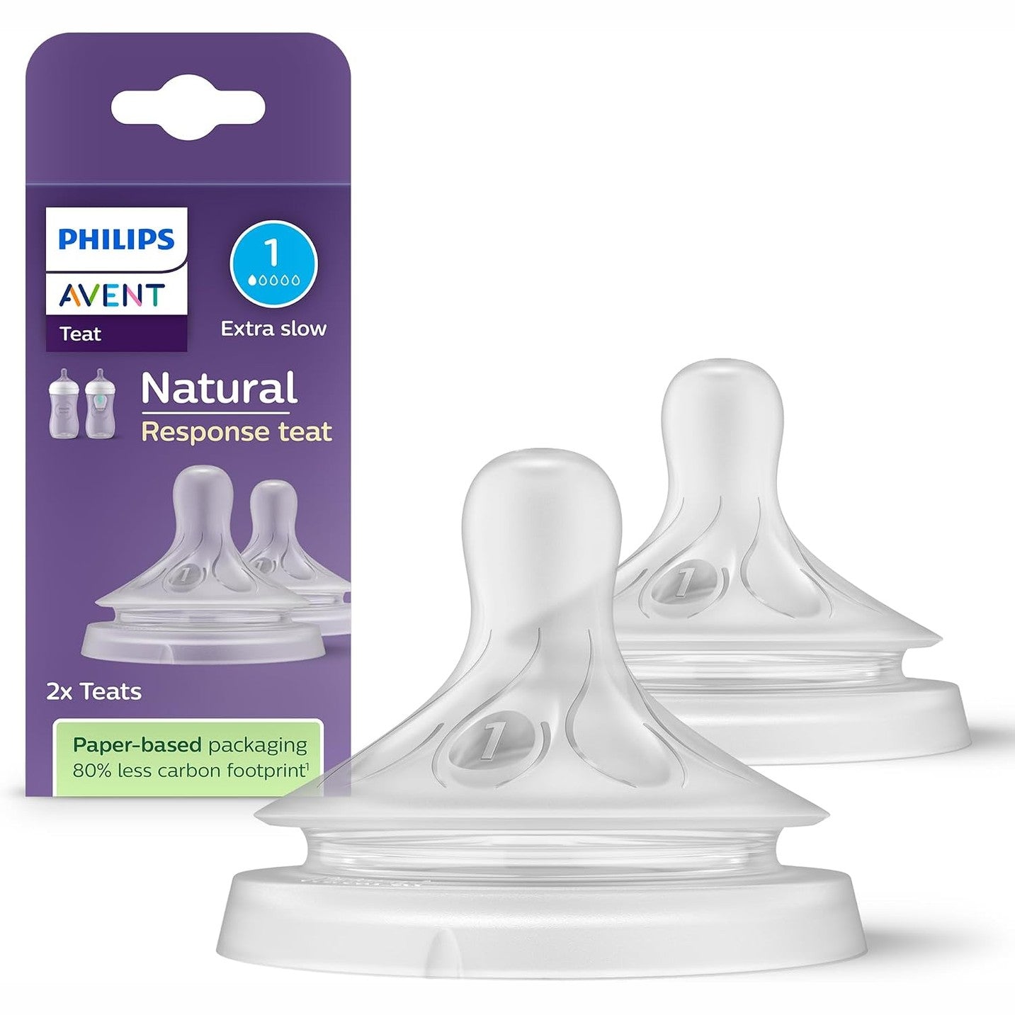 318902 - PHILIPS AVENT Thitha Natural Response – 2 thitha për shishe me shpejtësi rrjedhjeje 1, për të porsalindur nga 0 muaj, pa BPA (Modeli SCY961/02)