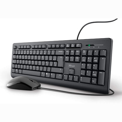 299872 - TRUST Tastierë dhe maus me tela, Paraqitje QWERTY spanjolle, Kabllo 1.8 m, Lidhje USB, Tastierë kundër rrjedhjeve, Windows, Mac, PC, Laptop, E zezë