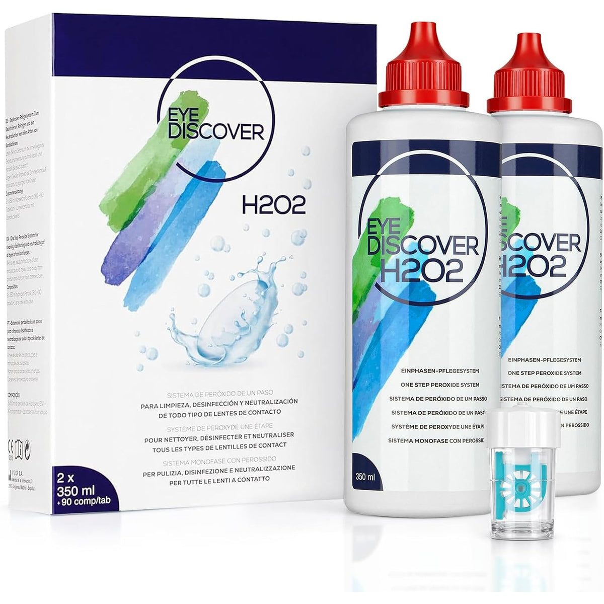 311726 - EYE DISCOVER Tretësirë peroksidi për lentet e kontaktit me tableta neutralizuese dhe kuti për pastrim dhe dezinfektim të thellë, 2 x 350 ml