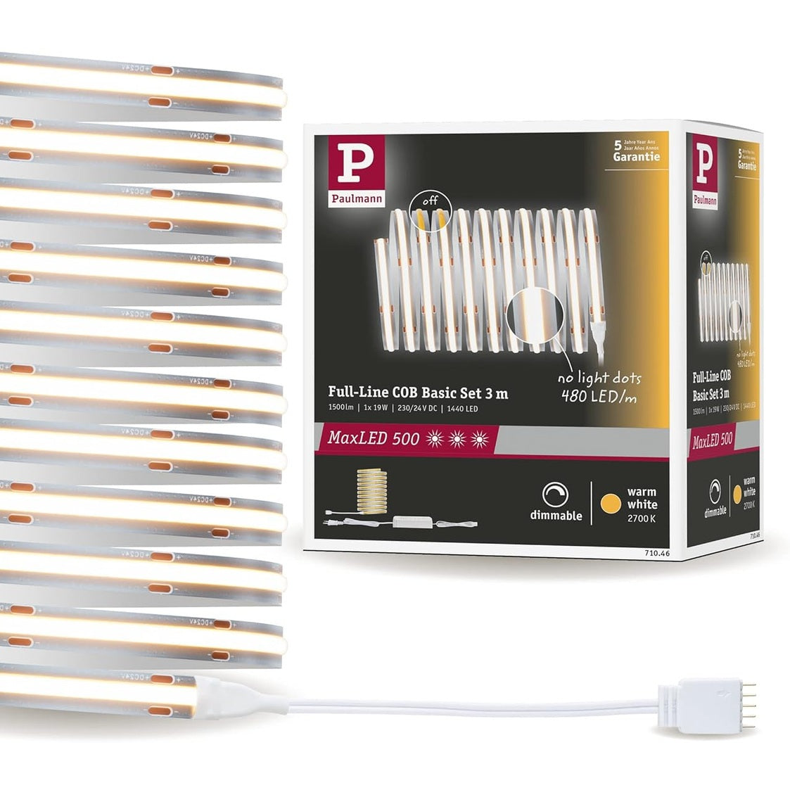250246 - PAULMANN Shirit LED 71046 MaxLED 500 Full-Line COB Set i plotë 3m 19W 1500lm 480 LED/m 2700K 36VA Plastik i Argjendtë i Rregullueshëm