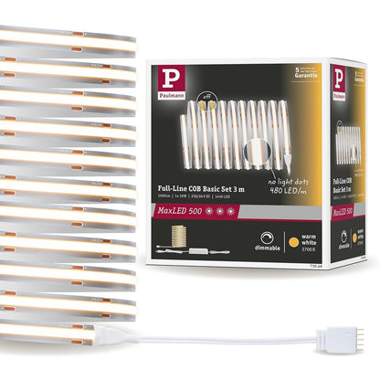 250246 - PAULMANN Shirit LED 71046 MaxLED 500 Full-Line COB Set i plotë 3m 19W 1500lm 480 LED/m 2700K 36VA Plastik i Argjendtë i Rregullueshëm