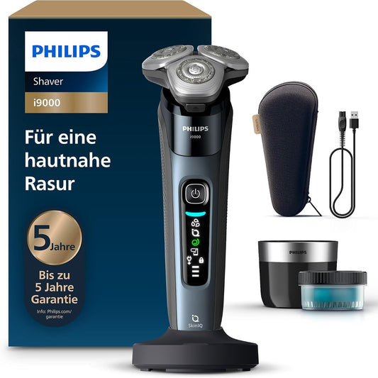 307106 - PHILIPS Makinë rroje elektrike për burra, i9000, për lagësht dhe thatë, me makinë prerëse të integruar, ngjyrë blu dove, stacion pastrimi, stacion karikimi dhe çantë udhëtimi, modeli X9001/30