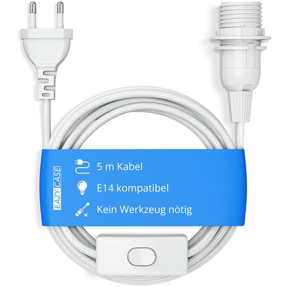 202237 - EAZY CASE Mbajtëse për Llambë E14 me Kabllo 5m, Çelës, Unazë Vidë për Abazhur dhe Prizë Elektrike - Pezullim i Llambës për Dritat Varëse, Pjesë DIY, Ngjyra e Bardhë