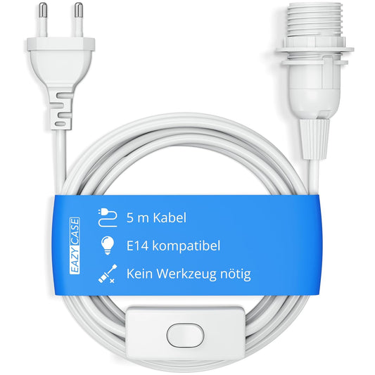 202237 - EAZY CASE Mbajtëse për Llambë E14 me Kabllo 5m, Çelës, Unazë Vidë për Abazhur dhe Prizë Elektrike - Pezullim i Llambës për Dritat Varëse, Pjesë DIY, Ngjyra e Bardhë