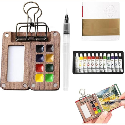 188530 - SET MINI AQUAREL Portativ me 8 Rrjeta dhe 12 Ngjyra, Paletë për Pikture dhe Stilolaps, Me Xhep dhe Kapëse Metalike