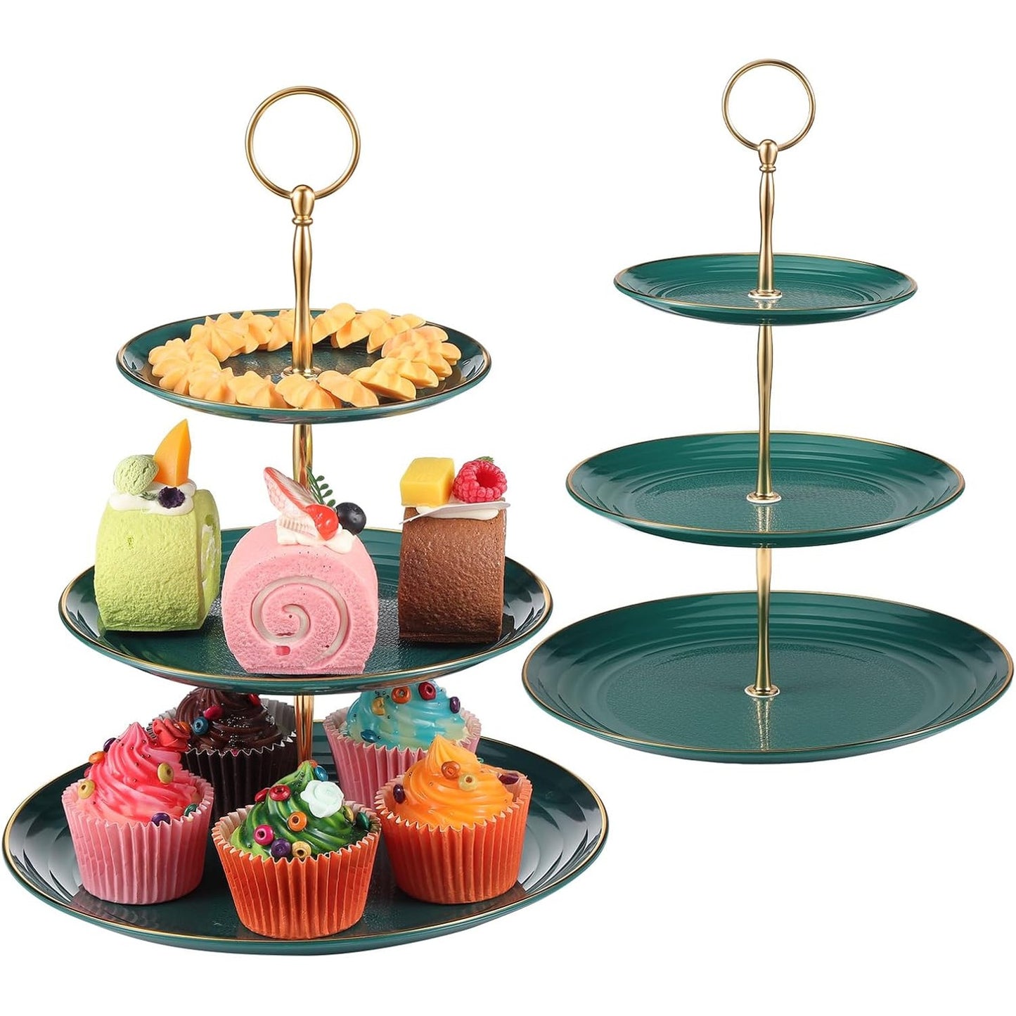 257767 - TSUNNEE Mbajtëse për torta me 2 pjesë dhe 3 nivele për kek, fruta, biskota, karamele, tabaka për servirje ëmbëlsirash (jeshile e errët, 25 x 32 cm)