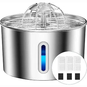214030 -  Shatërvan uji prej çeliku inox për mace – Dispenser automatik me kapacitet të madh (2,2 L) për ujitjen e kafshëve shtëpiake (përfshirë qentë që mbahen brenda) – Pajisje me 1 filtra, dhuratë ideale për mace dhe kotele – Enë uji që nuk derdhet.