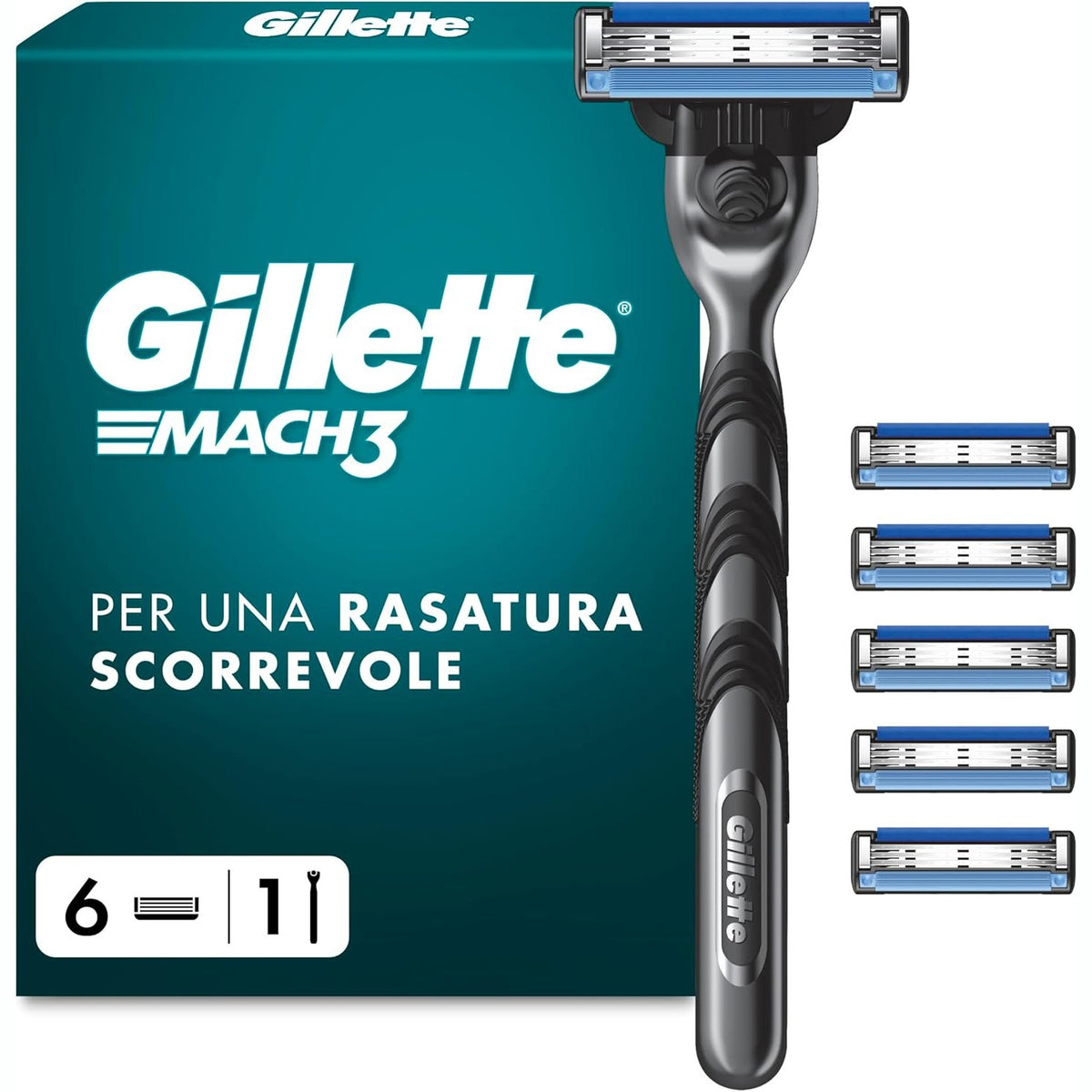 303437 - GILLETTE Brisk bazë Mach3 për burra, 1 brisk Gillette, 6 tehe zëvendësuese, me shirit lubrifikues
