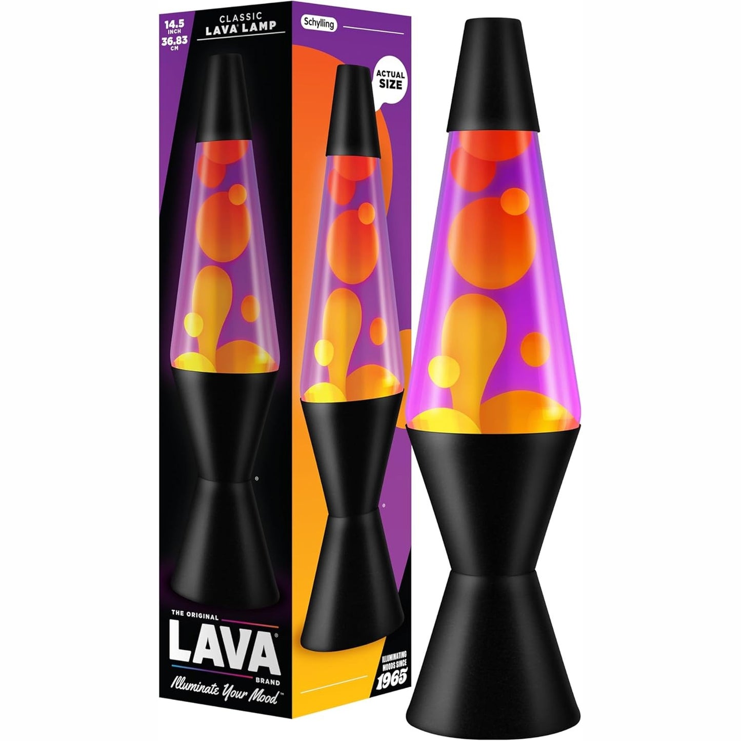 251019 - LAVA® Llambë Lave 2323, dyllë e verdhë, lëng vjollcë, bazë dhe kapak i zi, llambë lëvizëse origjinale, 14.5 inç