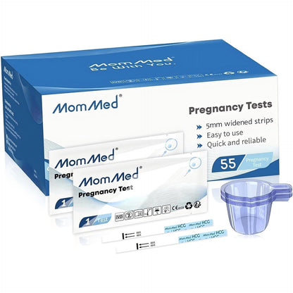 297508 - MOMMED Test Shtatzënie (HCG55), 55 Shirita Testi, 55 Kupash për Mbledhjen e Urinës, mbi 99% Saktësi