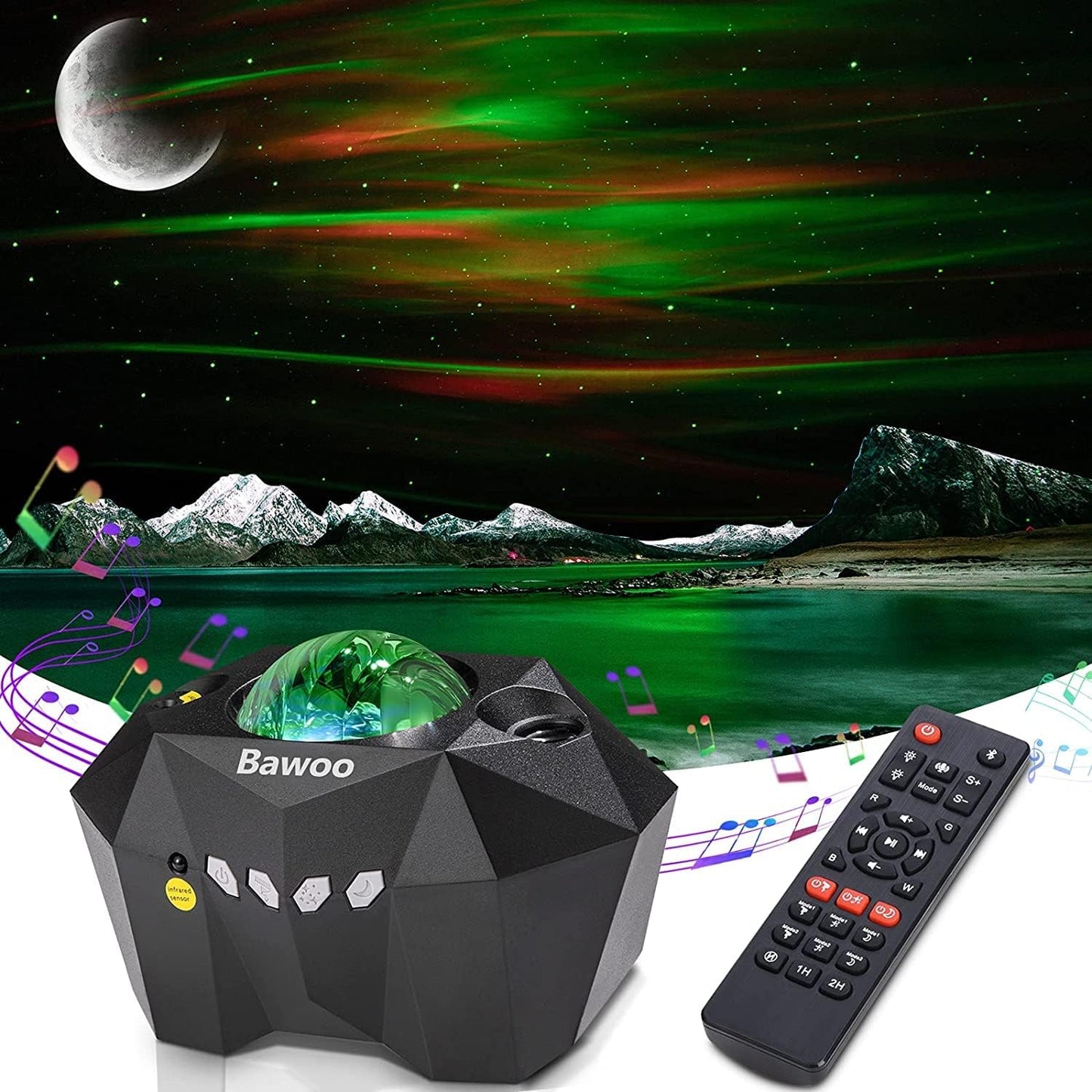 255965 - Bawoo. Projektor LED me Qiell me Yje, Projektor Aurora, Llambë Nate me Telekomandë/Bluetooth/Lexues Muzike/Kohëmatës