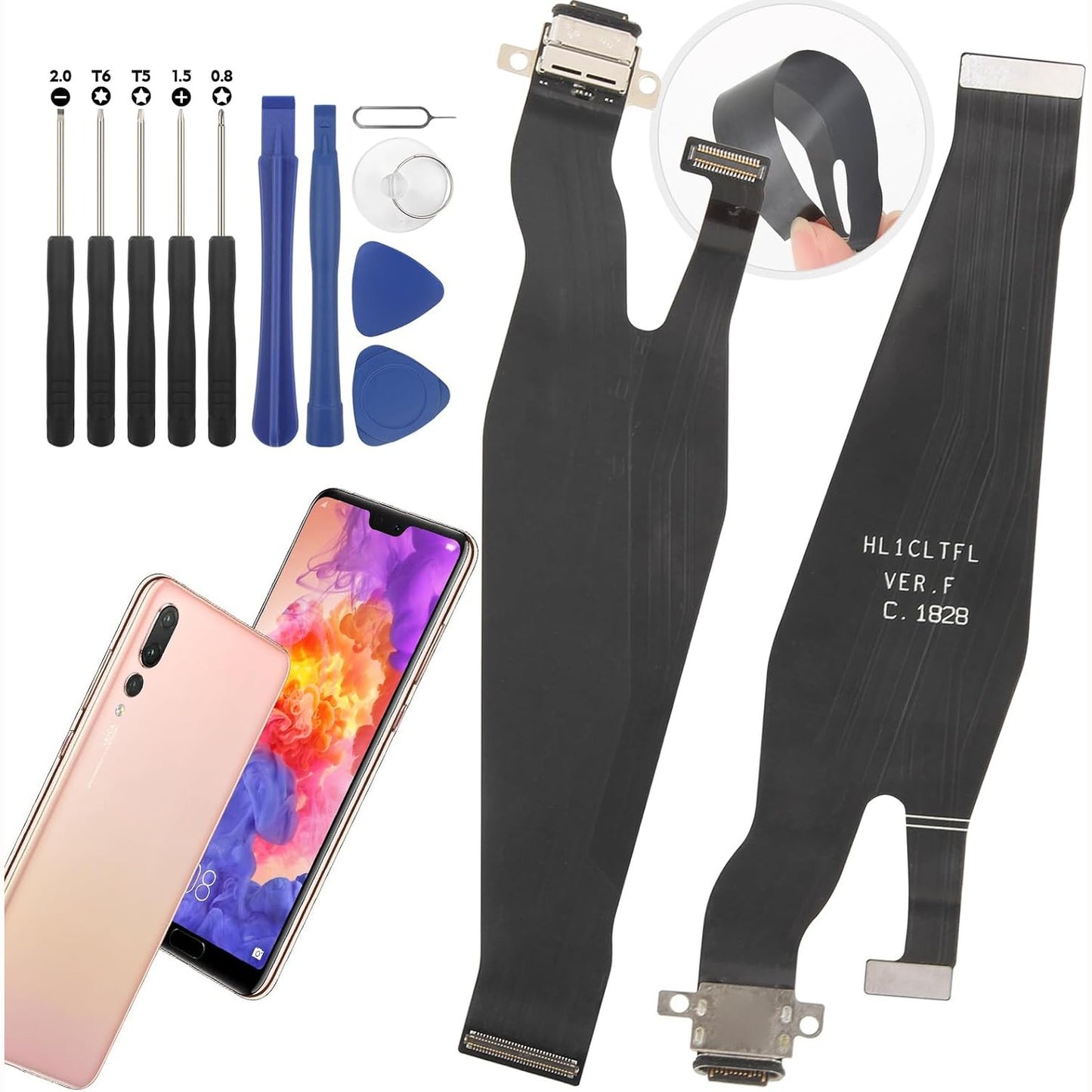 269631 - RONGZY Kabllo fleksibël për lidhësin e karikimit, i pajtueshëm me lidhësin zëvendësues të dokut USB për Huawei P20 Pro CLT-L29C, me mjete