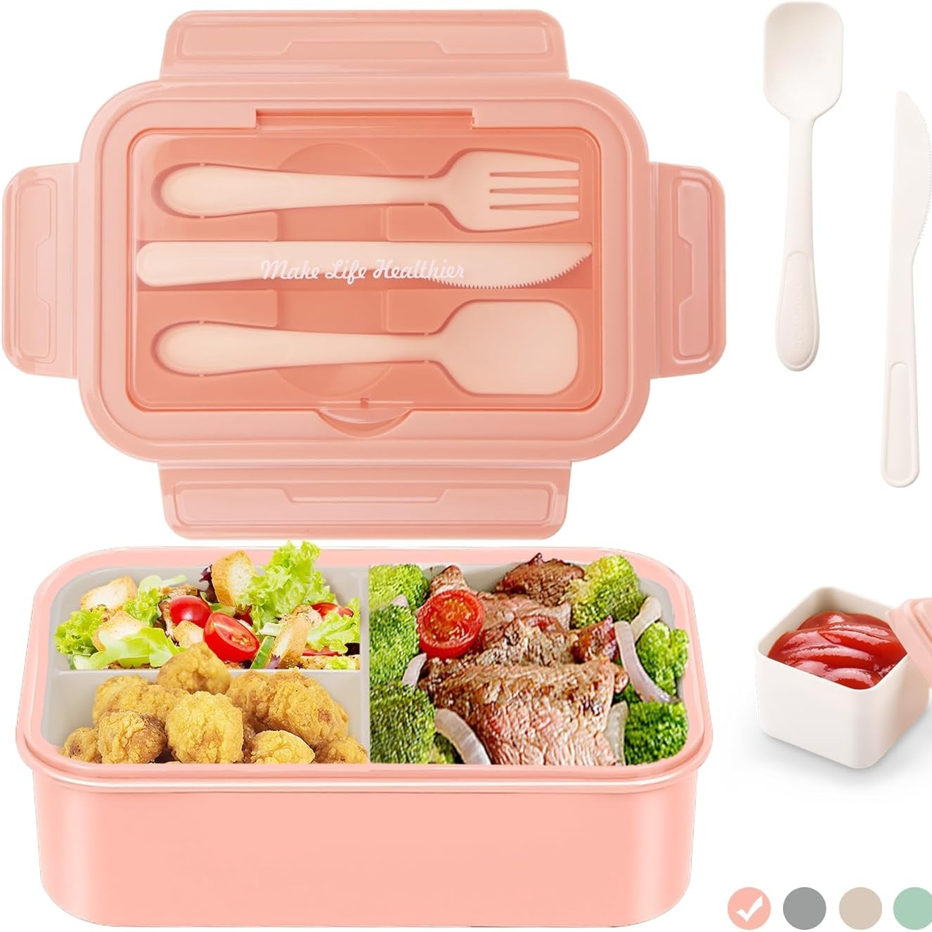 220352 - LUZOON - Kutia e Drekës Bento, 1400 ml, për Fëmijë dhe të Rritur, 3 Ndarje, Plastike, pa BPA, e Sigurt për Mikrovalë, Rozë + Salce