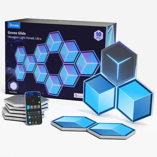 170017 - GOVEE Dritë e Murit në Formë Hexagon, Ultrë RGBIC 3D, Wi-Fi, me 129 LED, E kompatueshme me Alexa, 60 Modalitete Skene, Ideale për Lojëra dhe Dekorim, 10 Panele, Ngjyra Gri Meteor